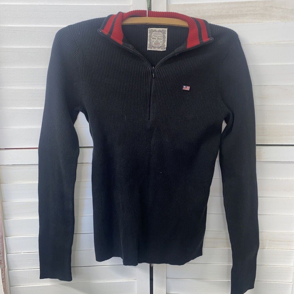 Original Ralph Lauren Women's Quarter Zip Long Sleeve Black Top Pullover Medium